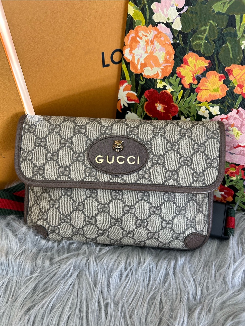 Gucci Brown/Beige Monogram Canvas Crossbody with Gold Logo